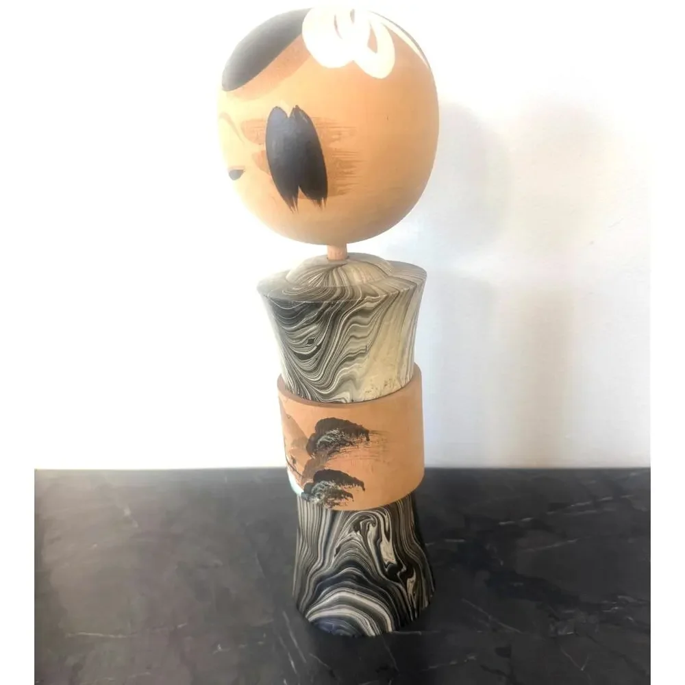 Vintage Japanese Kokeshi Doll Hand Painted Marbled Wood 13.5” Decor